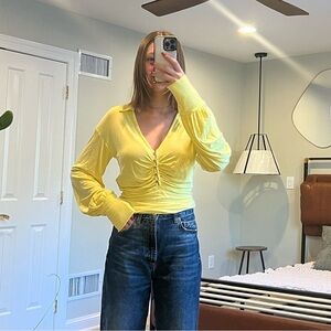 Free People Yellow Front Button-Up Long Sleeve